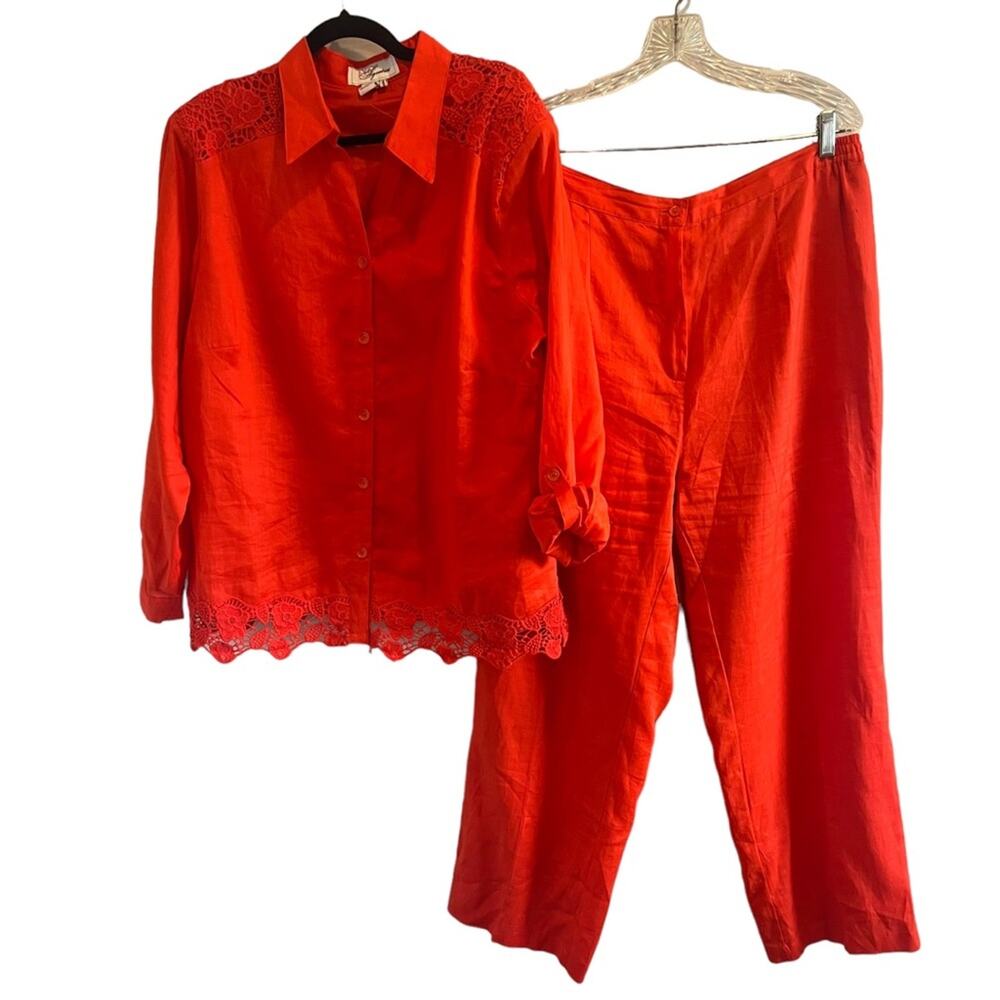 EY Signature 100% Linen Pants Shirt Set Orange Plus Size 3X